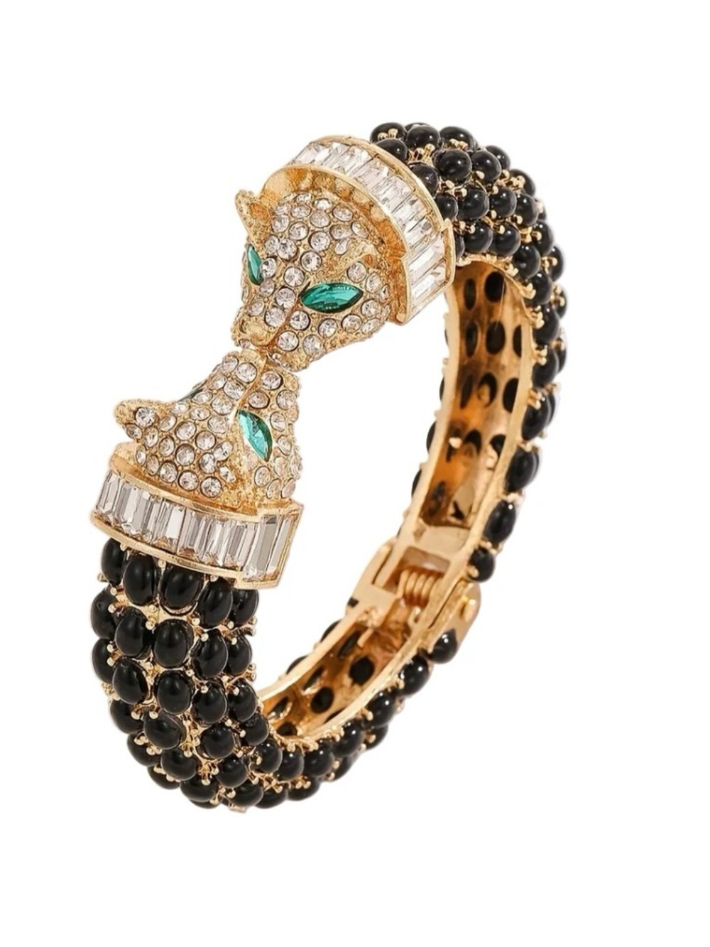 NATASHA GOLDTONE BLACK CABOCHON RHINESTONE KISSING LEOPARD CUFF BRACELET-NWT